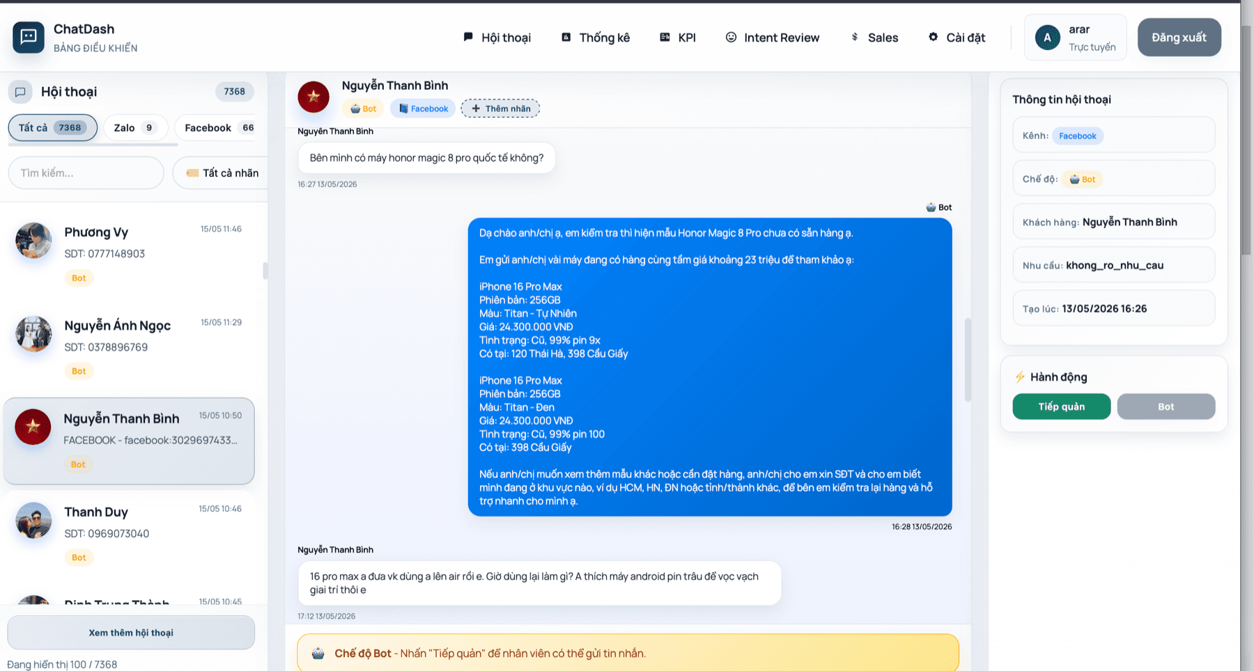 AI Sales Assistant — Giao diện hội thoại tự động với khách hàng